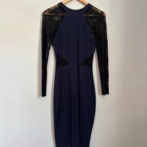 French Connection Midnight Blue Dress with Black Lace Detail